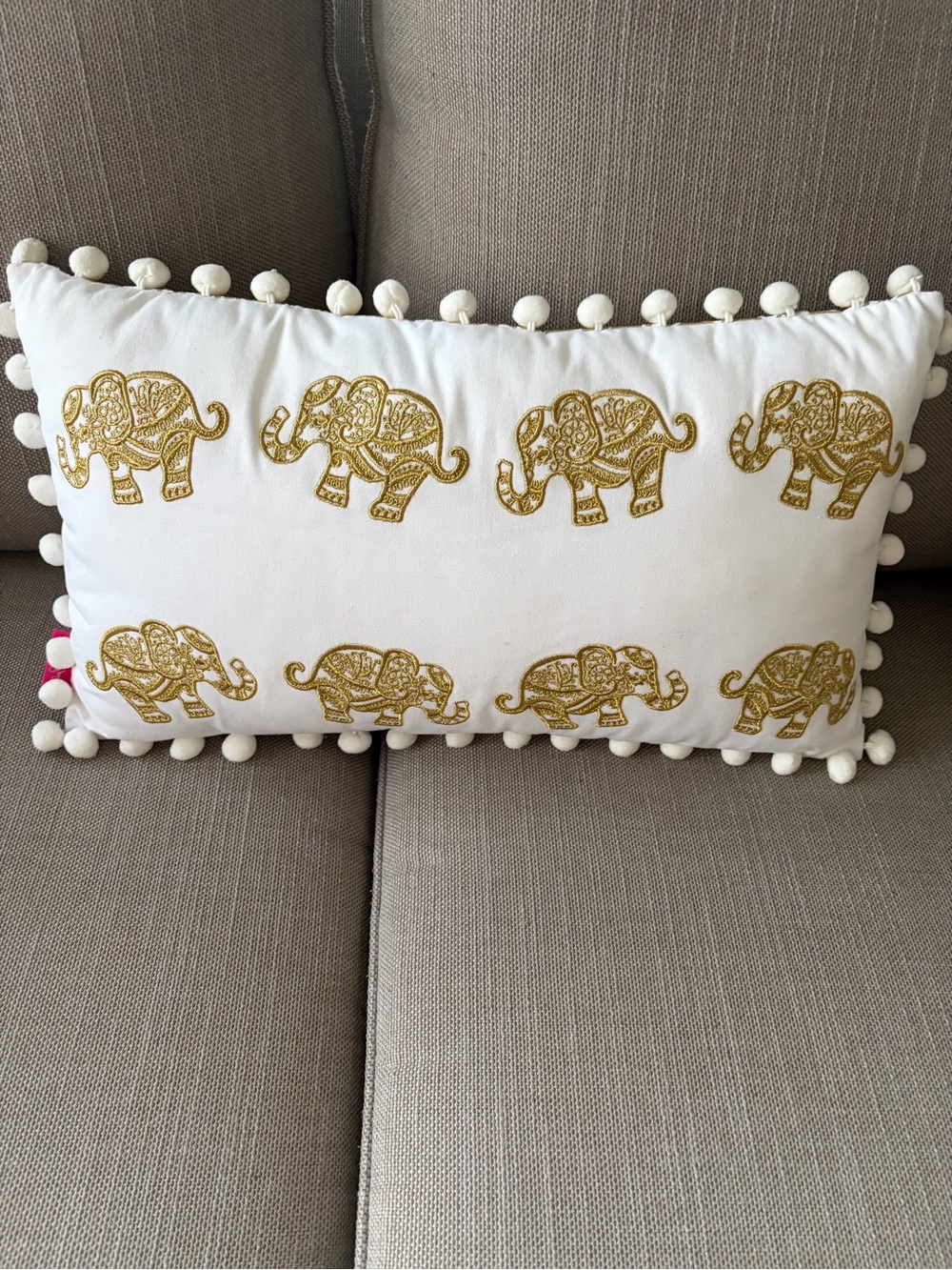 Lilly Pulitzer White Pillow Pom-Pom with elephants and gold design on reverse